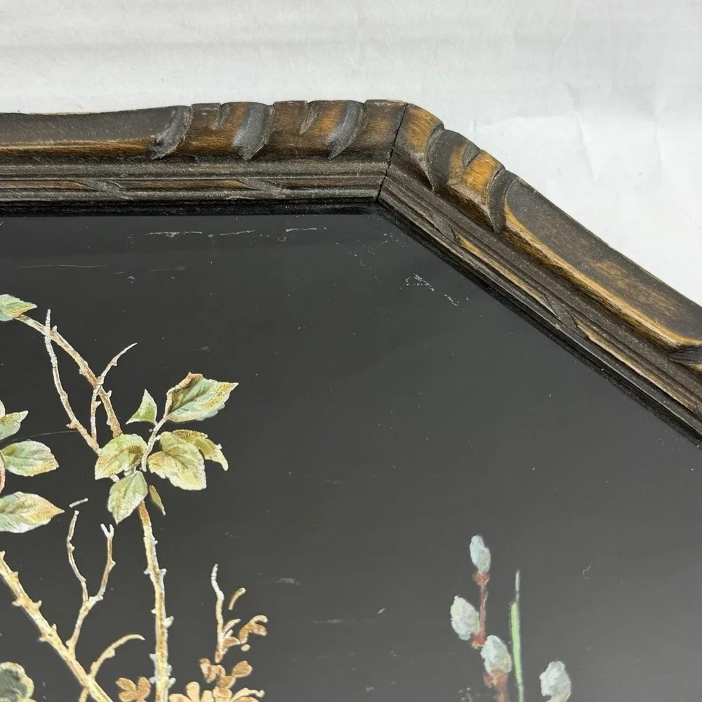 Vintage Dark Floral Tray Glass Top Moody Decor Bird Victorian Revival Black